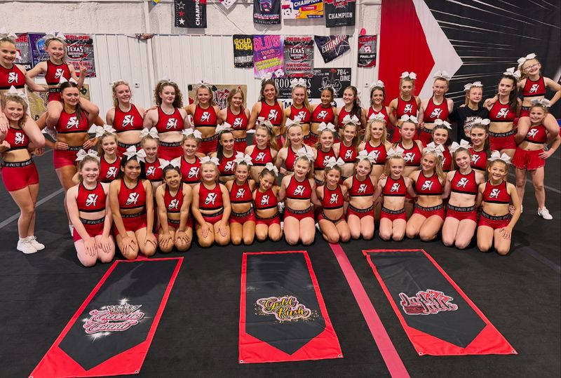 Sky Athletics all-star athletes in red uniforms with team banners